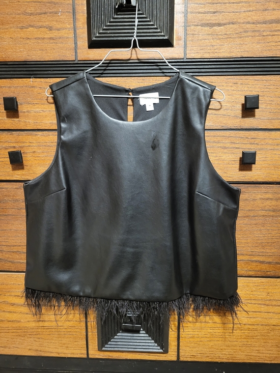 For Cynthia Tops - Sleeveless ForCynthia Black Faux Leather Top with Feather Hem Party Concert Top